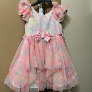 Pink and Multicolor Ruffle Dress with Bow